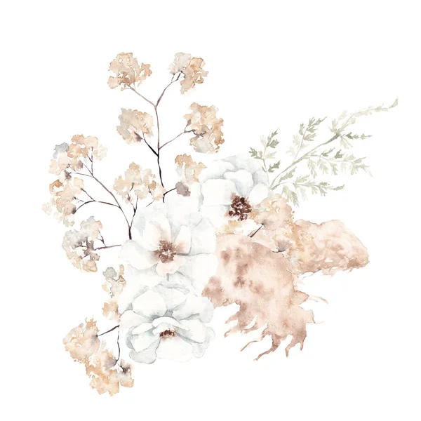 Elle Çizilmiş Suluboya Buket Kremsi Çiçekler Yapraklar Zarif Çiçek Elementleri — Stok fotoğraf