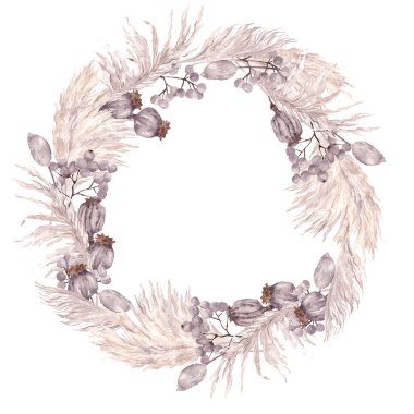 Kurumuş çiçekli suluboya çelenk, yapraklar, otlar, protea, banksia, palmiye yaprağı, orkide ve gül, beyaz arka planda izole edilmiş.