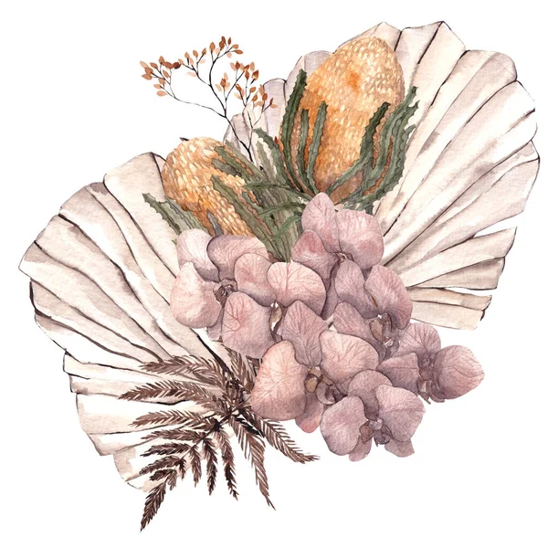 Aquarel Boeket Met Gedroogde Bloemen Bladeren Pampas Gras Protea Banksia — Stockfoto