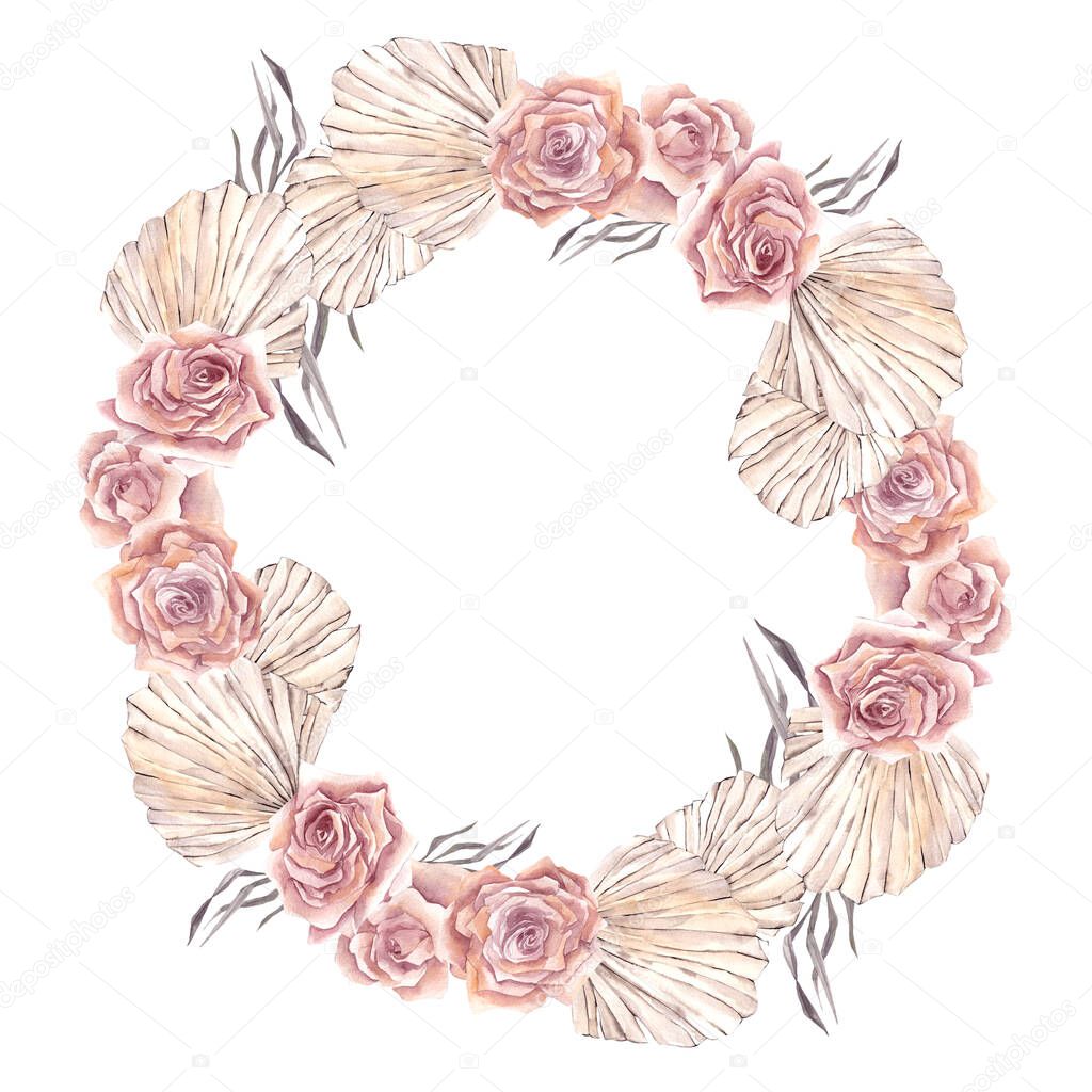 Watercolor wreath with dried flowers, leaves, pampas grass, protea, banksia, palm leaf, orchid and rose, isolated on white background
