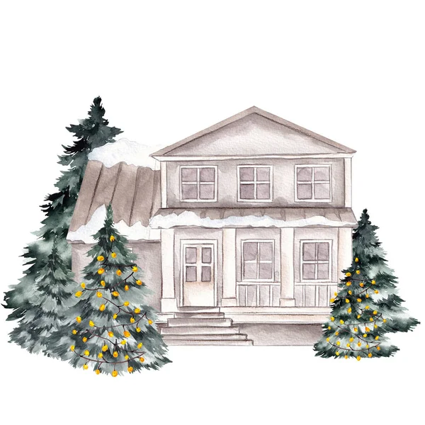 Aquarel Illustratie Met Kerst Huis Boom Geïsoleerd Witte Achtergrond — Stockfoto