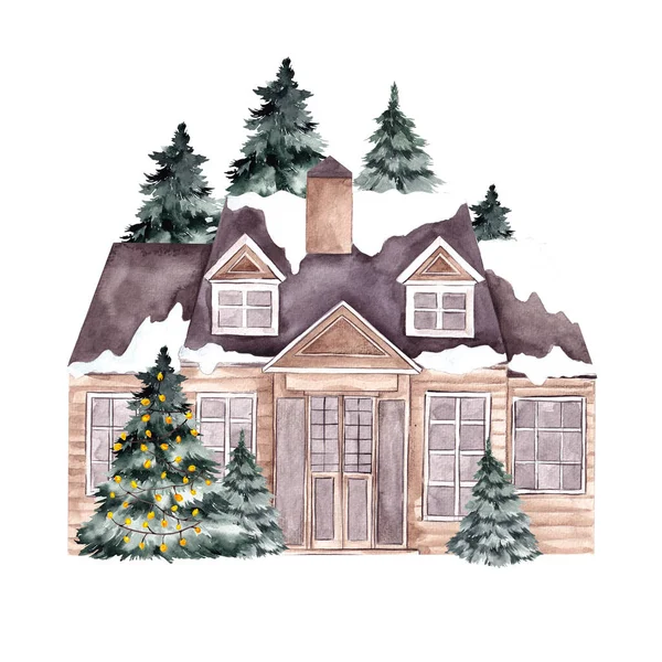 Watercolor illustration with Christmas house and tree, isolated on white background