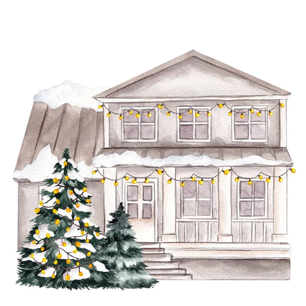 Ilustración Acuarela Con Casa Navidad Árbol Aislado Sobre Fondo Blanco — Foto de Stock