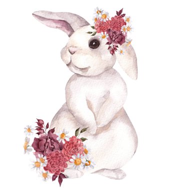 Tatlı tavşanlı suluboya çizimi ve beyaz arka planda soyutlanmış düşen çiçekler ve yapraklar.