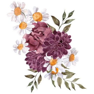 Sonbahar buketli suluboya çizimi. Sonbahar çiçekleri, yapraklar, dallar, beyaz arka planda izole