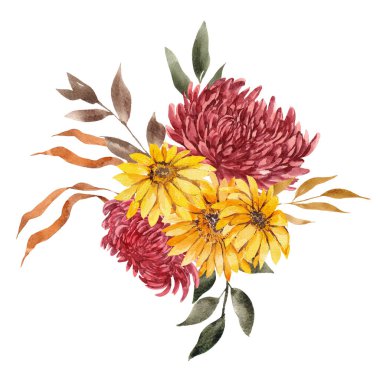 Sonbahar buketli suluboya çizimi. Sonbahar çiçekleri, yapraklar, dallar, beyaz arka planda izole