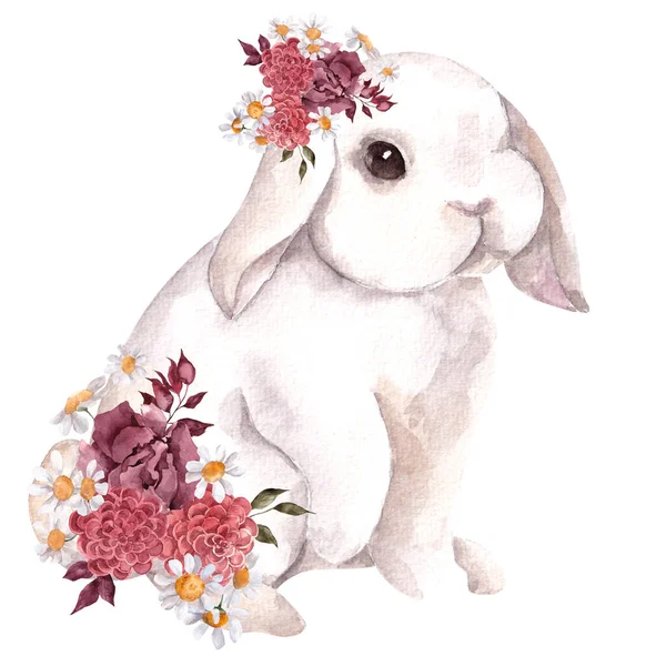 水彩画与可爱的兔子和秋天的花和叶子 隔离在白色的背景 — 图库照片