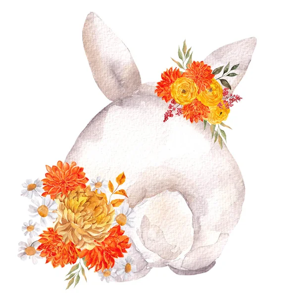 Aquarel Illustratie Met Schattig Konijn Herfst Bloemen Bladeren Geïsoleerd Witte — Stockfoto