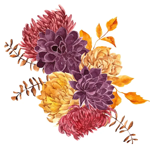 Aquarel Boeket Met Herfstbloemen Bladeren Geïsoleerd Witte Achtergrond — Stockfoto