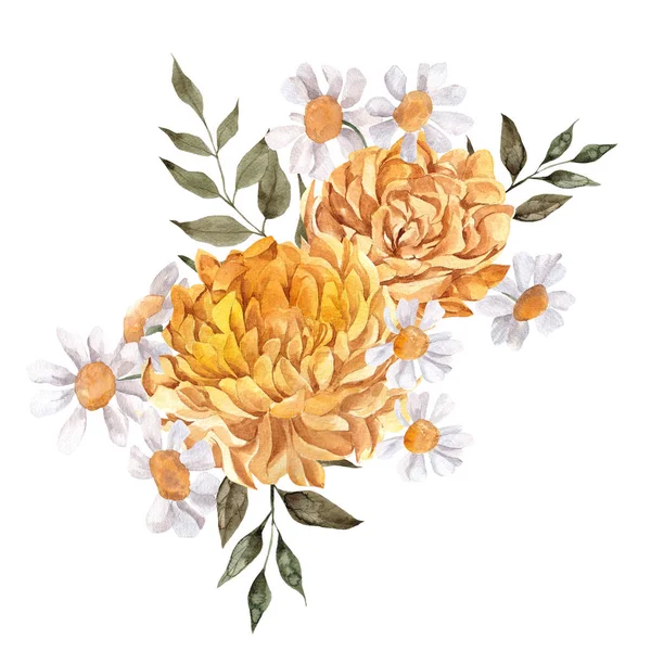 Watercolor Bouquet Autumn Flowers Leaves Isolated White Background — Stock Photo, Image