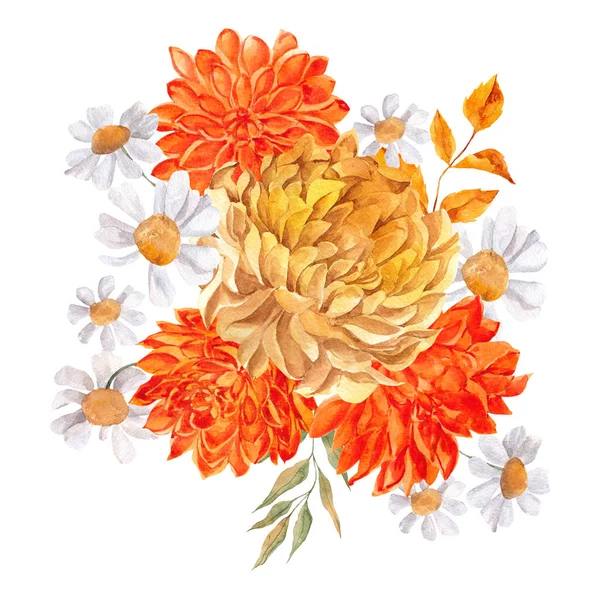 Υδατογραφία Μπουκέτο Φθινοπωρινά Λουλούδια Και Φύλλα Απομονωμένα Λευκό Φόντο — Φωτογραφία Αρχείου