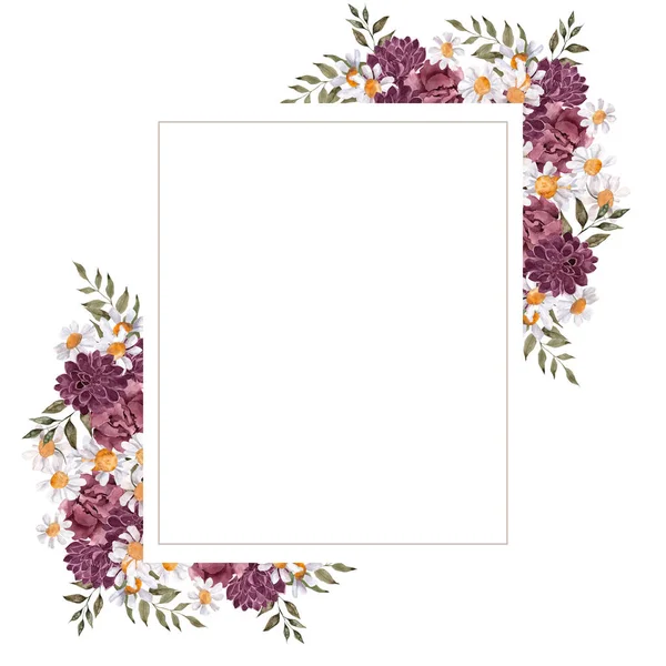 Moldura Aquarela Com Flores Folhas Outono Isolado Fundo Branco — Fotografia de Stock