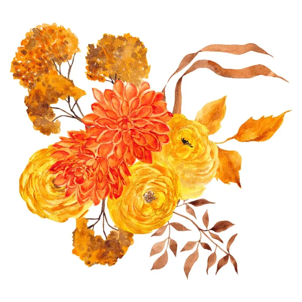 Aquarellstrauß Mit Herbstblumen Und Blättern Isoliert Auf Weißem Hintergrund — Stockfoto
