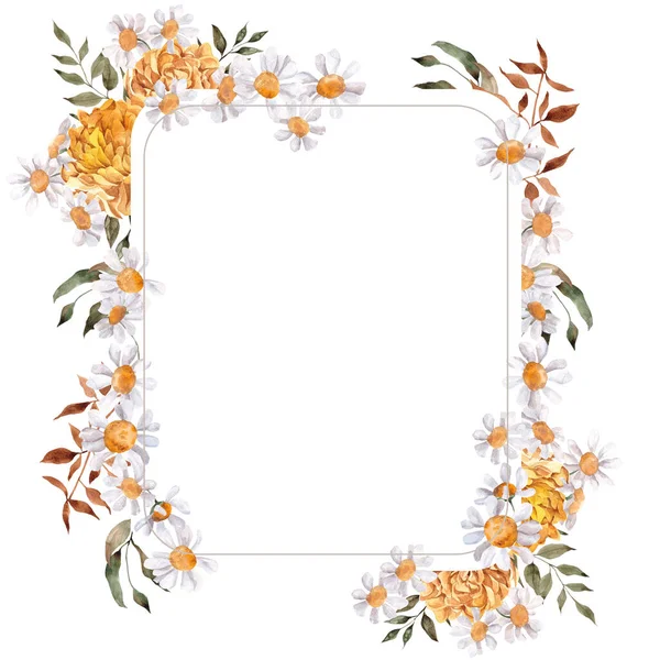 Rama Akwareli Jesiennymi Kwiatami Liśćmi Odizolowana Białym Tle — Zdjęcie stockowe