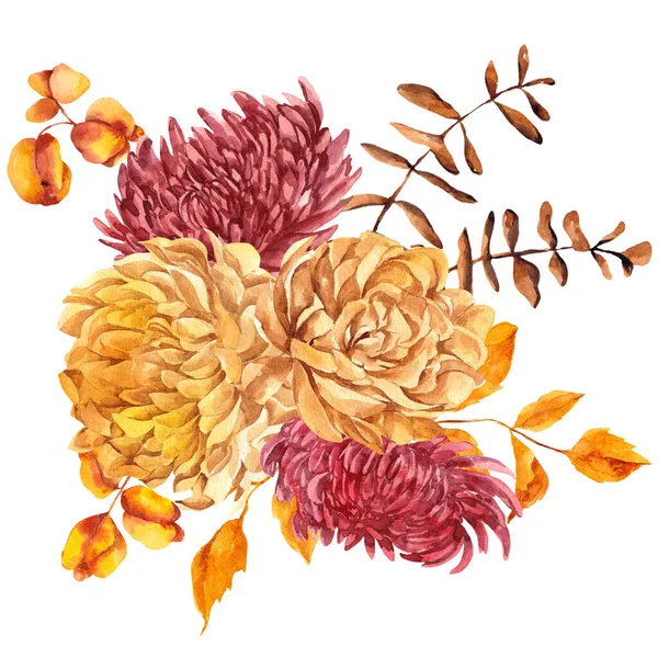 Illustration Aquarelle Avec Bouquet Automne Fleurs Automne Feuilles Branches Isolées — Photo