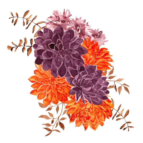 Illustration Aquarelle Avec Bouquet Automne Fleurs Automne Feuilles Branches Isolées — Photo