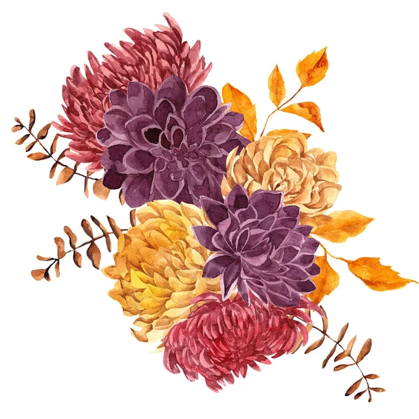 Illustration Aquarelle Avec Bouquet Automne Fleurs Automne Feuilles Branches Isolées — Photo