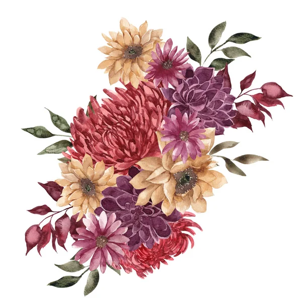 Υδατογραφία Εικονογράφηση Φθινοπωρινό Μπουκέτο Πτώση Λουλουδιών Φύλλων Κλαδιών Απομονωμένων Λευκό — Φωτογραφία Αρχείου