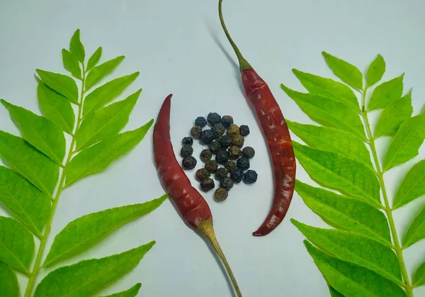 Chili Pepper Svartpeppar Kari Blad Vit Bakgrund Stock Foto Taget — Stockfoto