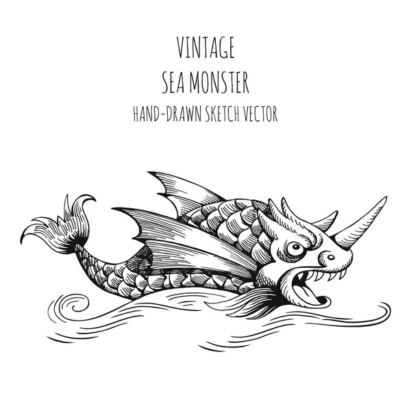 Mythological vintage sea monster. Fragment of decoration old pirate geographical map.  Hand-drawn sketch vector