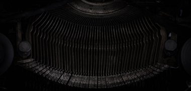 eski daktilo tipi bar tuşları, mekanik arkaplan. Metal parçalı ve retro daktilo Ukraynalı elementli soyut daktilo arkaplanı