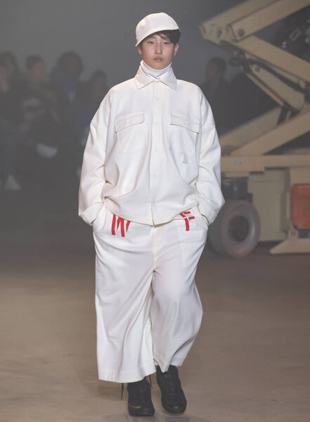 NEW YORK, NY - Feb 06, 2018: A model walks the runway at the N Hoolywood Show during New York Fashion Week Men's F/W 2018