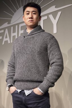 New York, Ny - 05 Şubat 2018: A modeli pozlar Faherty sunum sırasında New York moda hafta erkekler F/W 2018