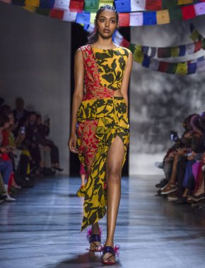 New York, Ny - 09 Eylül 2018: Prabal Gurung bahar yaz 2019 moda pist göster New York moda haftası sırasında bir model yürür.