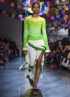 New York, Ny - 09 Eylül 2018: Prabal Gurung bahar yaz 2019 moda pist göster New York moda haftası sırasında bir model yürür.