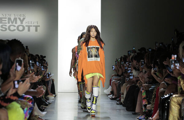 NEW YORK, NY - September 06, 2018: Hoyeon Jung walks the runway at the Jeremy Scott Spring Summer 2019 fashion show during New York Fashion Week