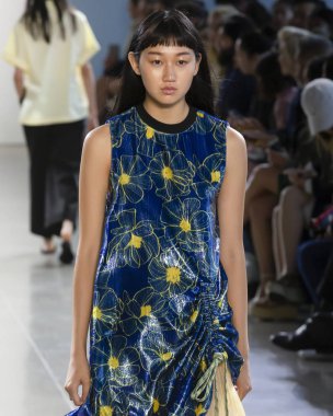 New York, Ny - 09 Eylül 2018: Claudia Li bahar yaz 2019 moda pist göster New York moda haftası sırasında bir model yürür.