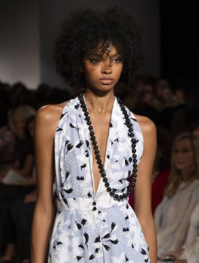 New York, Ny - 10 Eylül 2018: Dennis Basso bahar yaz 2019 moda pist göster New York moda haftası sırasında Djenice Duarte Silva yürür