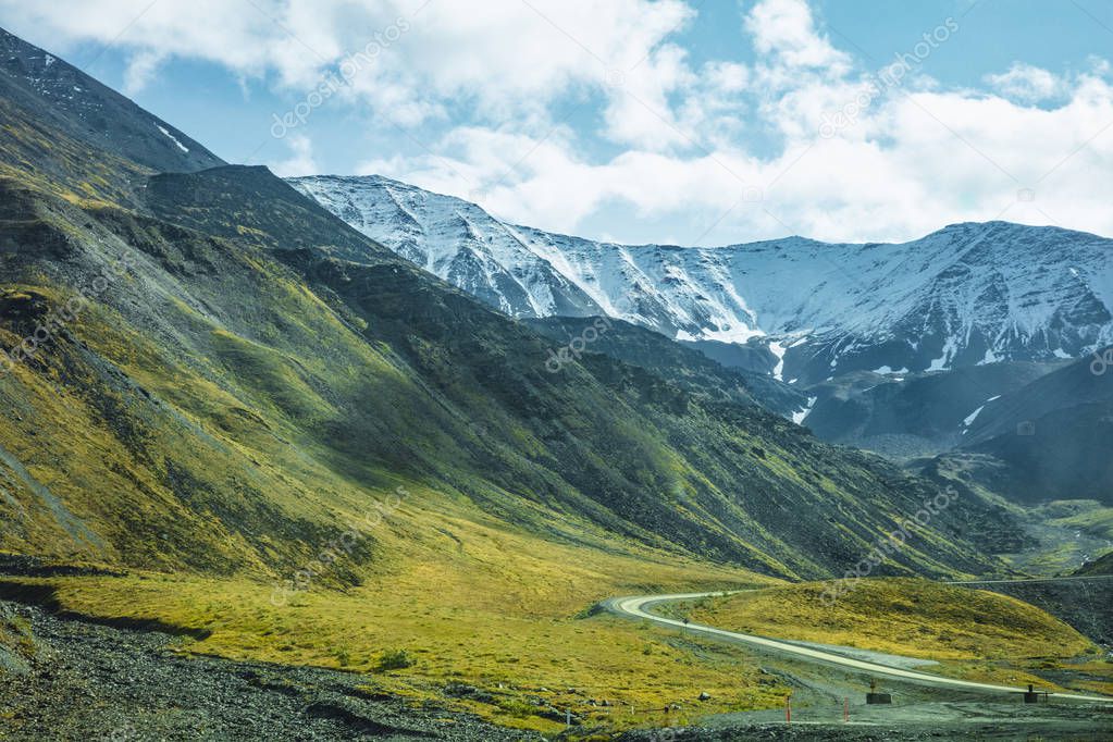 A view of the Atigun Pass in the Brooks Range from Dalton Highway in Alaska, USA