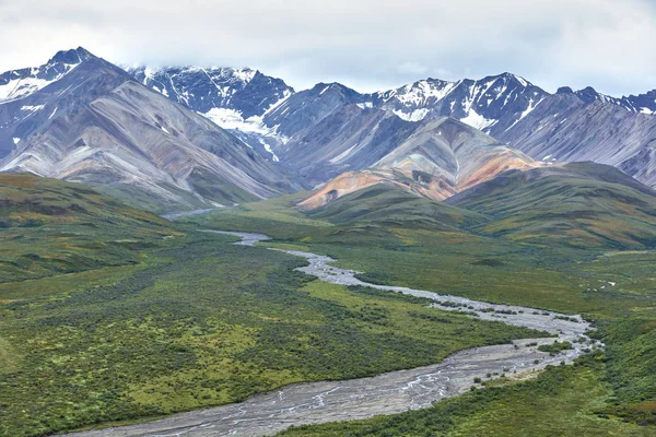 在德纳利国家公园和特克拉尼卡河附近的保护区的阿拉斯加山脉的看法 — 图库照片