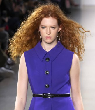 New York, Ny - 07 Şubat 2019: Elie Tahari sonbahar kış 2019 moda pist göster New York moda haftası sırasında bir model yürür.