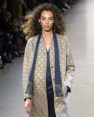 New York, Ny - 07 Şubat 2019: Elie Tahari sonbahar kış 2019 moda pist göster New York moda haftası sırasında bir model yürür.