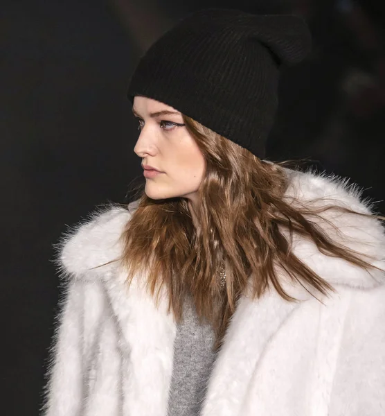 New York, New York - 11 Şubat 2019: Sara van der Hoek rehberleri ve Voltaire sonbahar kış 2019 Moda Fuarı'nda Park Caddesi Tophane pist yürür 
