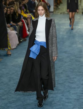 New York, New York - 11 Şubat 2019: Sarah Dahl Carolina Herrera sonbahar kış 2019 defile pist yürür