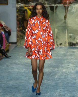 New York, New York - 11 Şubat 2019: Natalia Montero Carolina Herrera sonbahar kış 2019 defile pist yürür