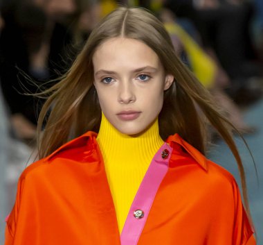 New York, New York - 11 Şubat 2019: Charlotte Rose Hansen Carolina Herrera sonbahar kış 2019 defile pist yürür