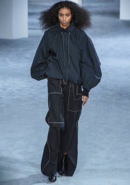 New York, New York - 11 Şubat 2019: Carmen Amare 3.1 Phillip Lim sonbahar kış 2019 defile pist yürür