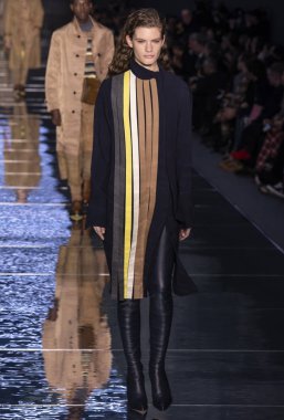 New York, New York - 13 Şubat 2019: manken patron sonbahar kış 2019 defile pist yürür