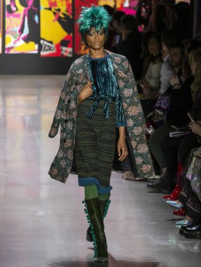 New York, New York - 11 Şubat 2019: Mayowa Nicholas Anna Sui sonbahar kış 2019 defile pist yürür