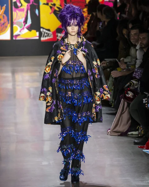 New York, New York - 11 Şubat 2019: Sara Grace Wallerstedt Anna Sui sonbahar kış 2019 defile pist yürür