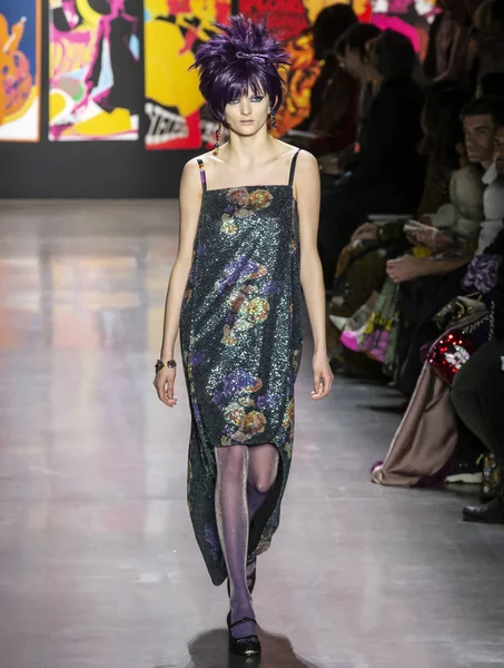 New York, New York - 11 Şubat 2019: çuha çiçeği Archer Anna Sui sonbahar kış 2019 defile pist yürür