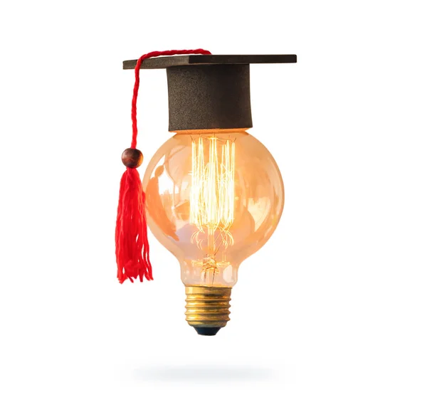 burning light bulb in graduate cap on isolated white background