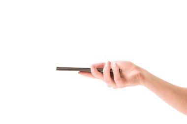 Telefon kullanarak el kontrolleri. izole edilmiş beyaz arkaplan