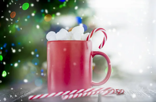 Caneca Natal Com Chocolate Quente Mesa Madeira — Fotografia de Stock