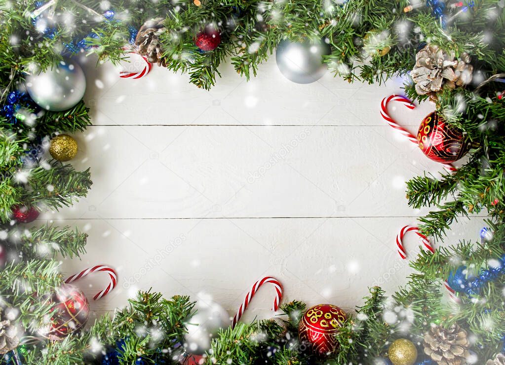 christmas decorations on white wood background