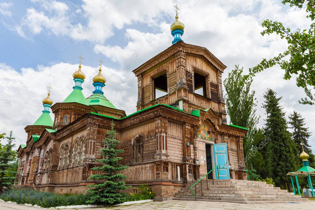 KARAKOL, KYRGYZSTAN - CIRCA JUNE 2017: Orthodox church of the Holy Trinity in the city of Karakol, Issyk-Kul region circa June 2017 in Karakol.